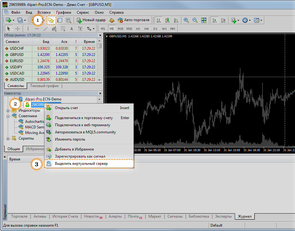 Подключитесь к своему торговому счету в MetaTrader 4 или MetaTrader 5.